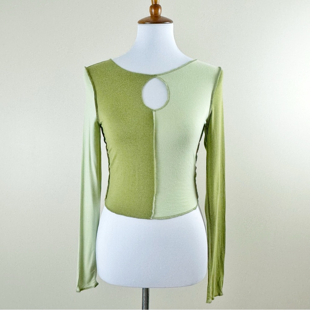 Pacsun Cares Two Tone Crop Top Small Keyhole Green Long Sleeve Stretch Raw Hem